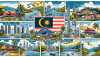 Erstellen Sie eine Comic-artige Darstellung von Malaysia, die seine typischen lokalen Häuser, Landschaften und Hauptattraktionen wie Naturparks, atemberaubende Strände, lebendiges Stadtleben und historische Denkmäler zeigt.