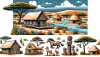 Show an illustration in comic style featuring typical local houses, landscapes, and landmarks. Include elements such as thatched huts, savannahs adorned with acacia trees, the River Nile flowing through the landscape, and traditional wooden sculptures signifying local culture.